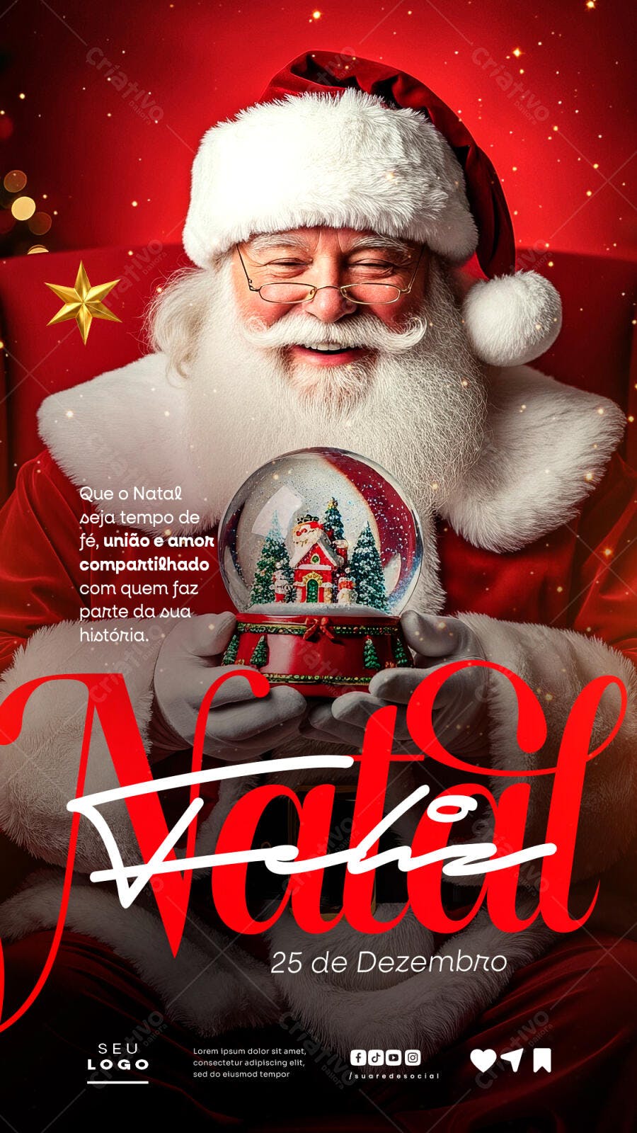 Flyer Natal Papai Noel Sorrindo e Globo de Neve PSD Editável