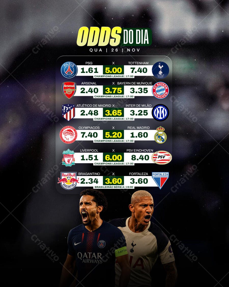 Flyer Odds do Dia Futebol Qua 26 Nov PSD Editável