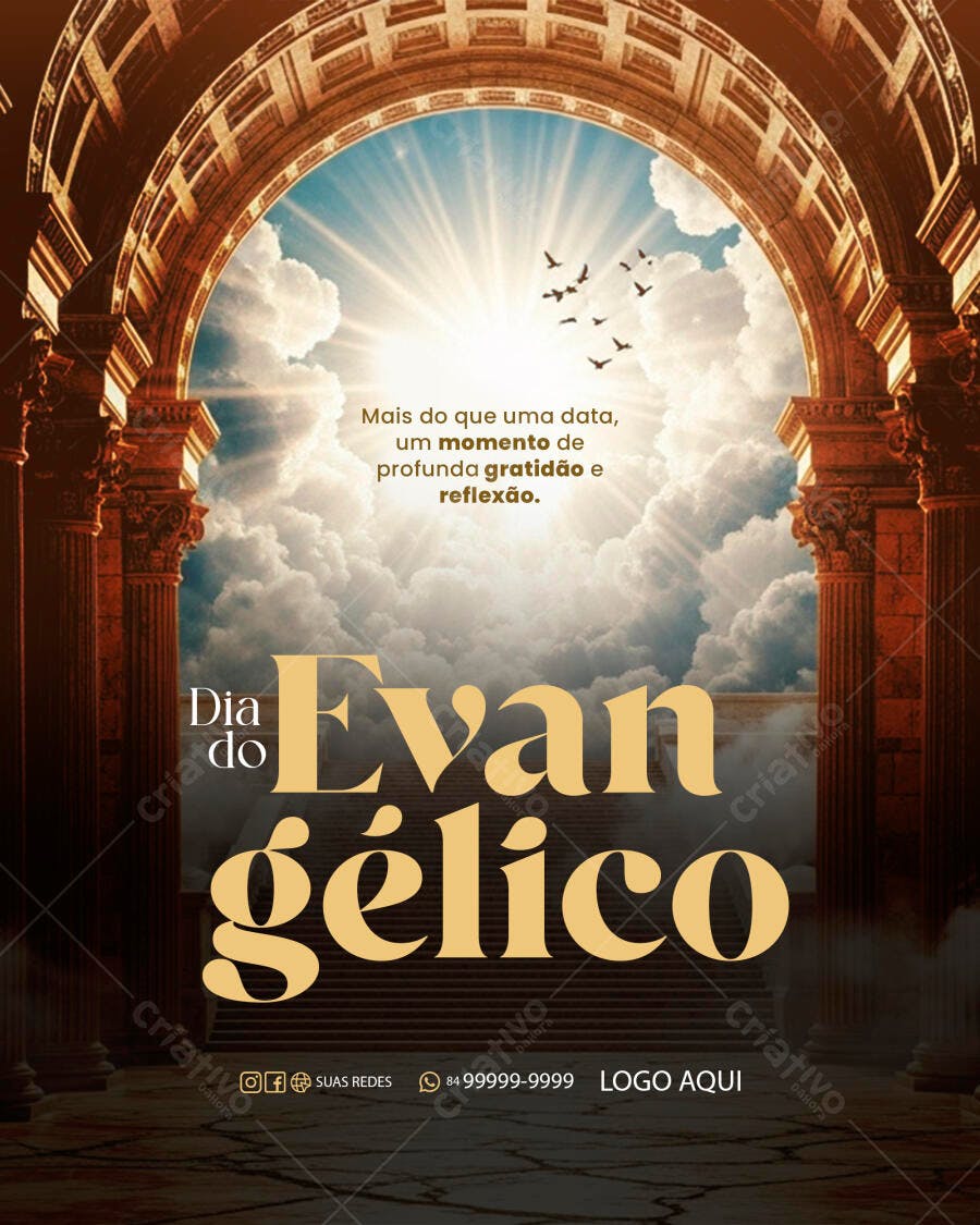 Flyer Dia do Evangélico Arcos Celestiais Sol PSD Editável