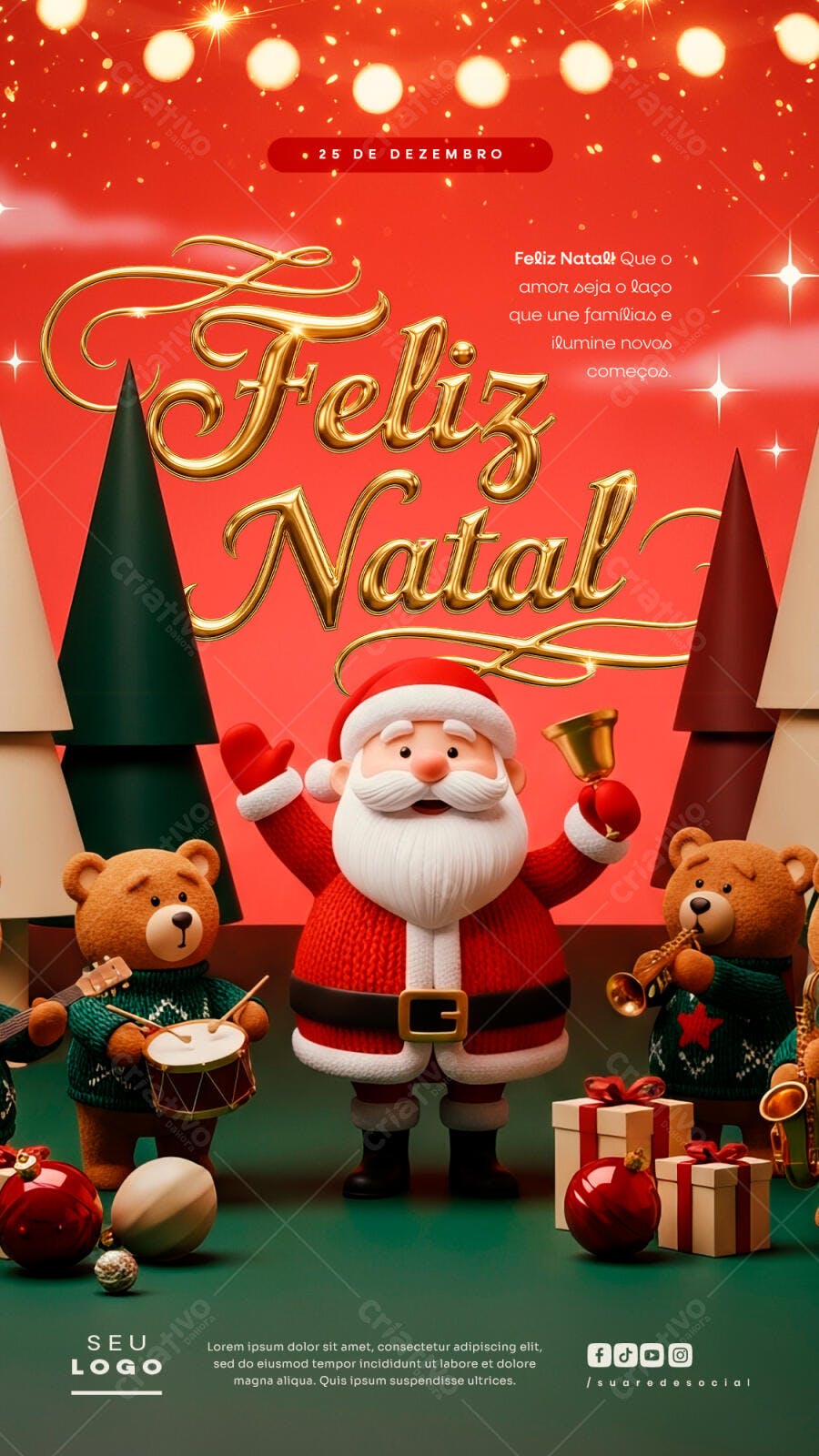 Flyer Natalino com Papai Noel e Ursos Instrumentistas PSD Editável