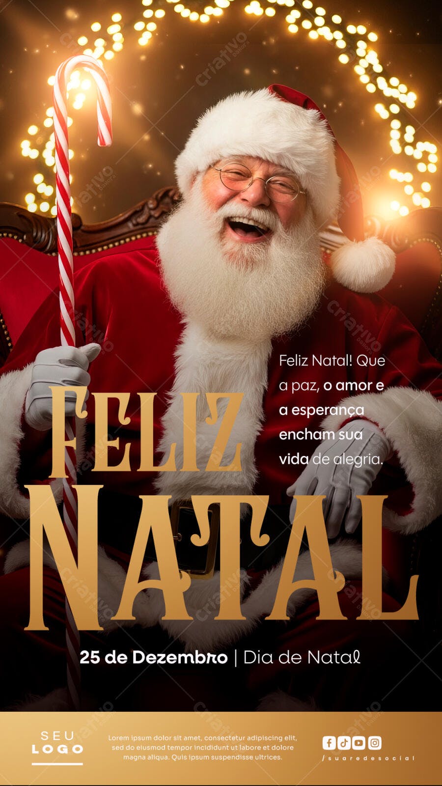 Flyer para Natal com Papai Noel Risonho e Luzes Douradas PSD Editável