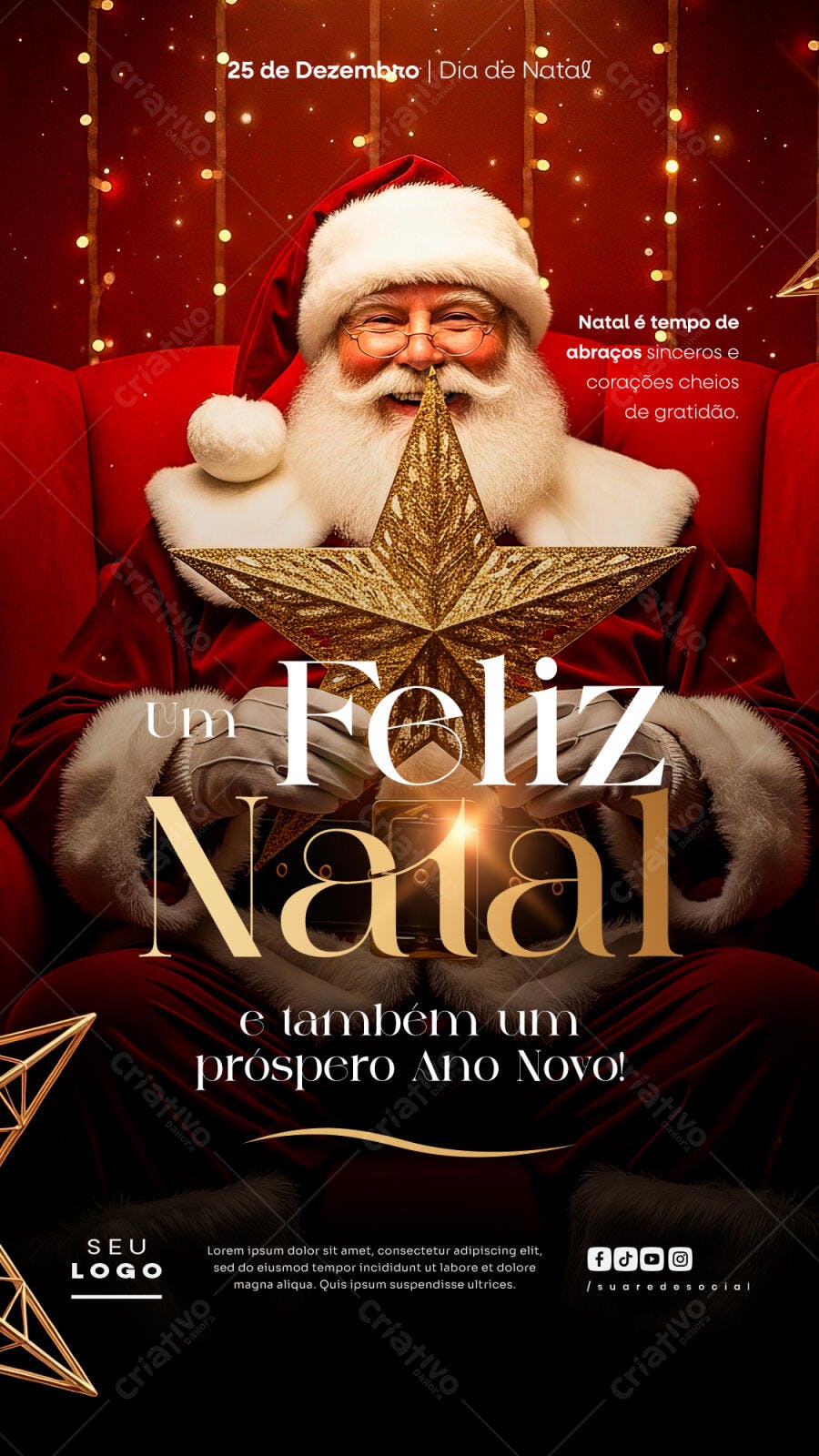Flyer de Natal e Ano Novo Feliz com Papai Noel Estrela Dourada PSD Editável