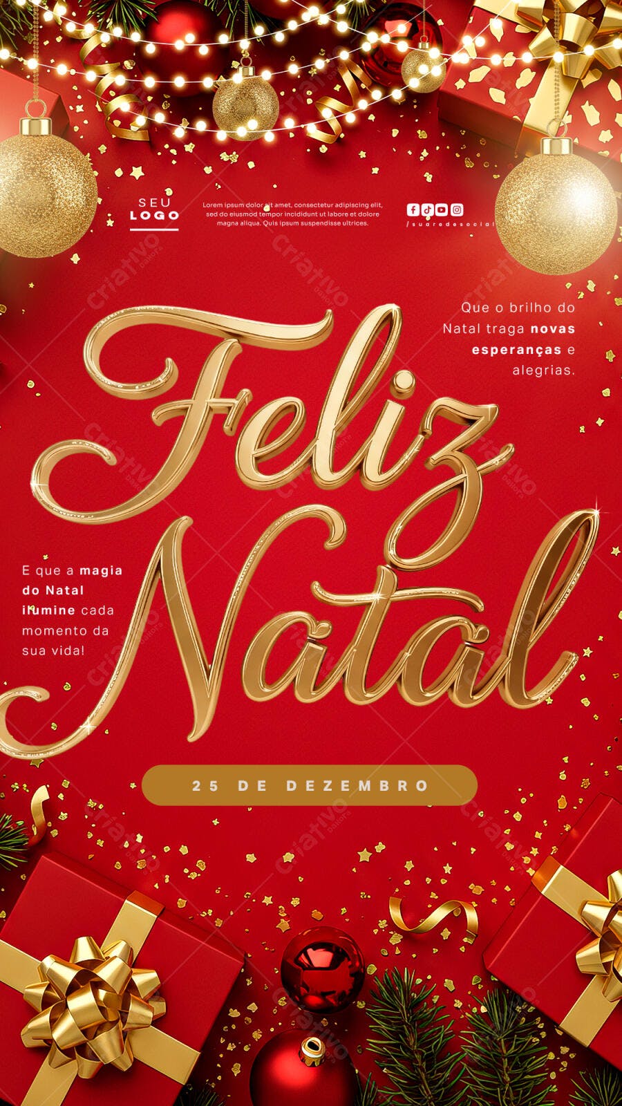 Post Redes Sociais Feliz Natal Dourado Luxuoso PSD Editável
