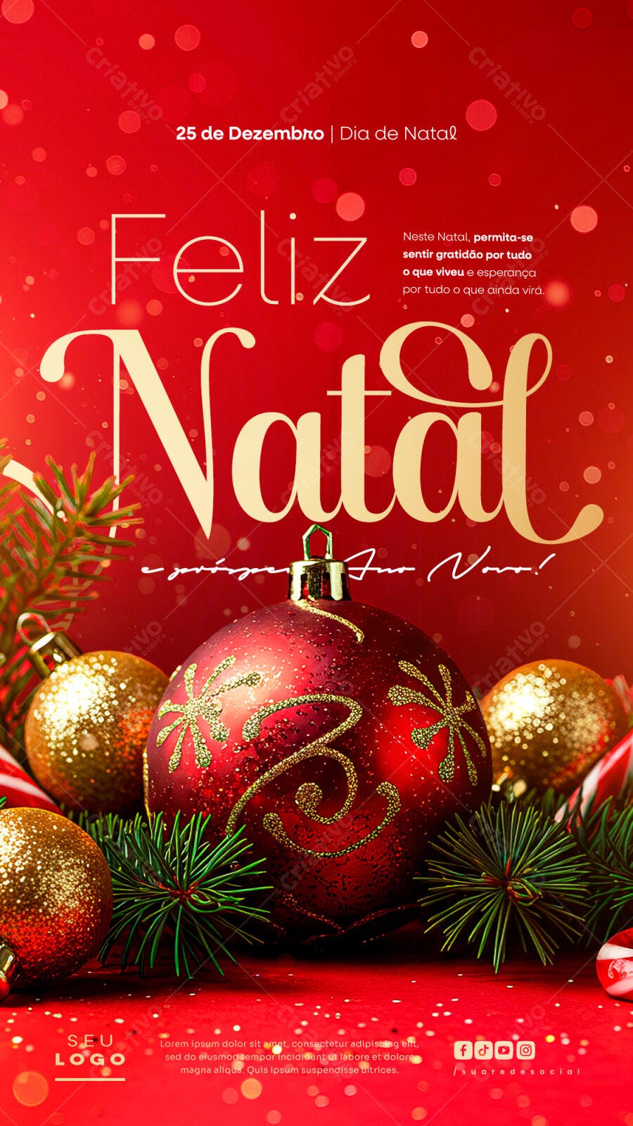 Flyer Feliz Natal Vermelho Dourado 25 de Dezembro PSD Editável