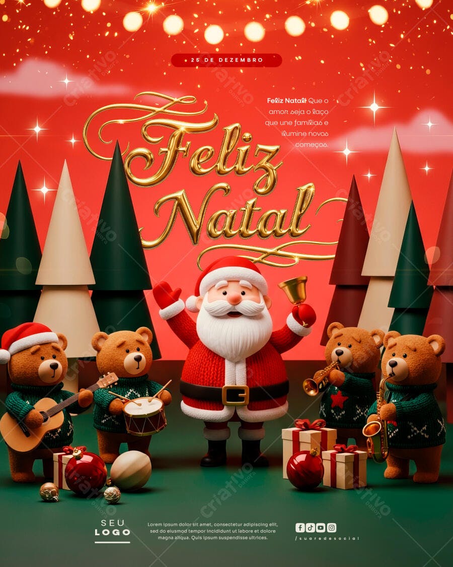 Flyer Natalino com Papai Noel e Ursos Músicos PSD Editável