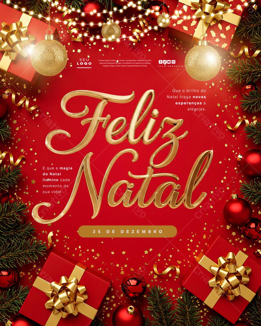 Flyer Feliz Natal com Presentes Dourados e Luzes PSD Editável