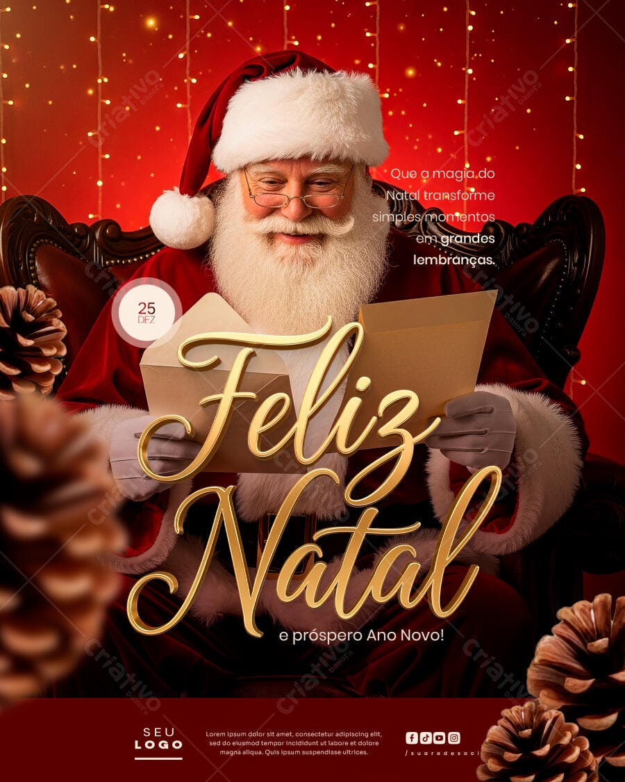 Flyer Papai Noel Feliz Natal e Próspero Ano Novo Vermelho Dourado PSD Editável