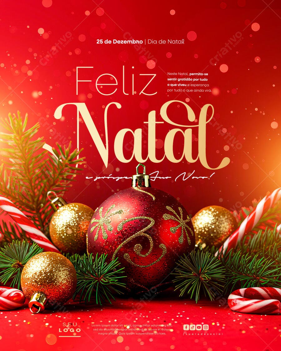 Flyer Feliz Natal e Ano Novo com enfeites PSD Editável