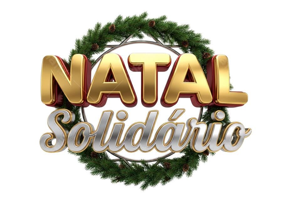 Selo 3D campanha Natal Solidário metalizado dourado e prata com guirlanda festiva