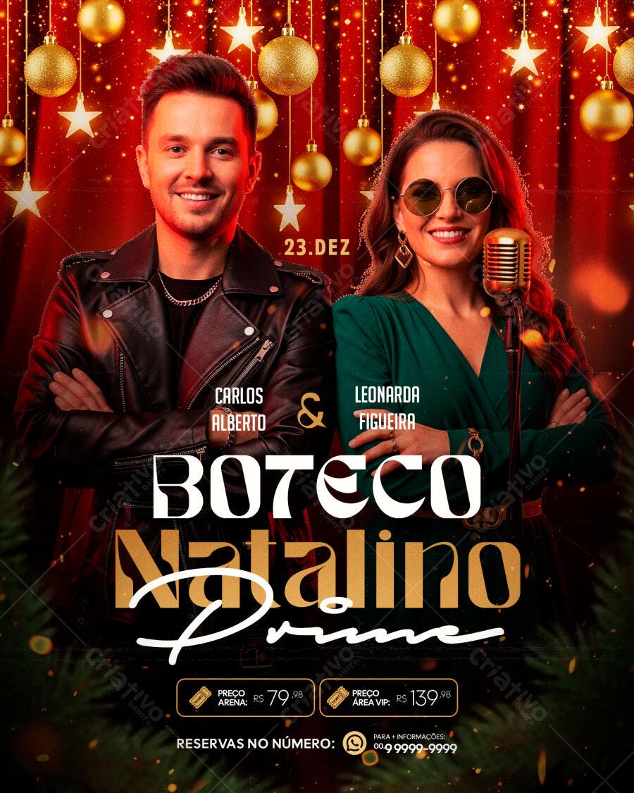 Flyer Show Boteco Natalino Prime com Carlos Alberto e Leonarda PSD Editável