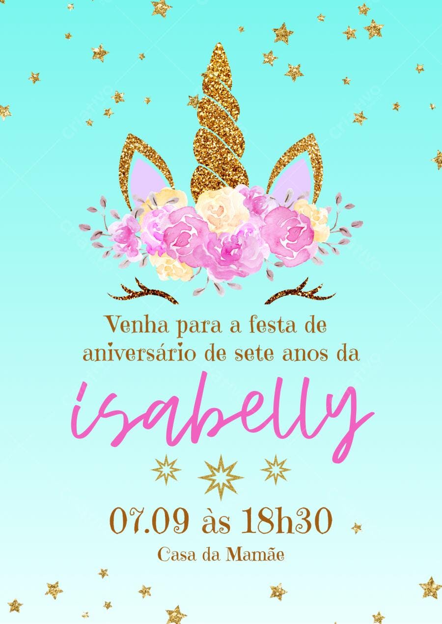 Convite de Aniversário Unicórnio Glitter Dourado e Flores Aquarela Azul Editável no Canva