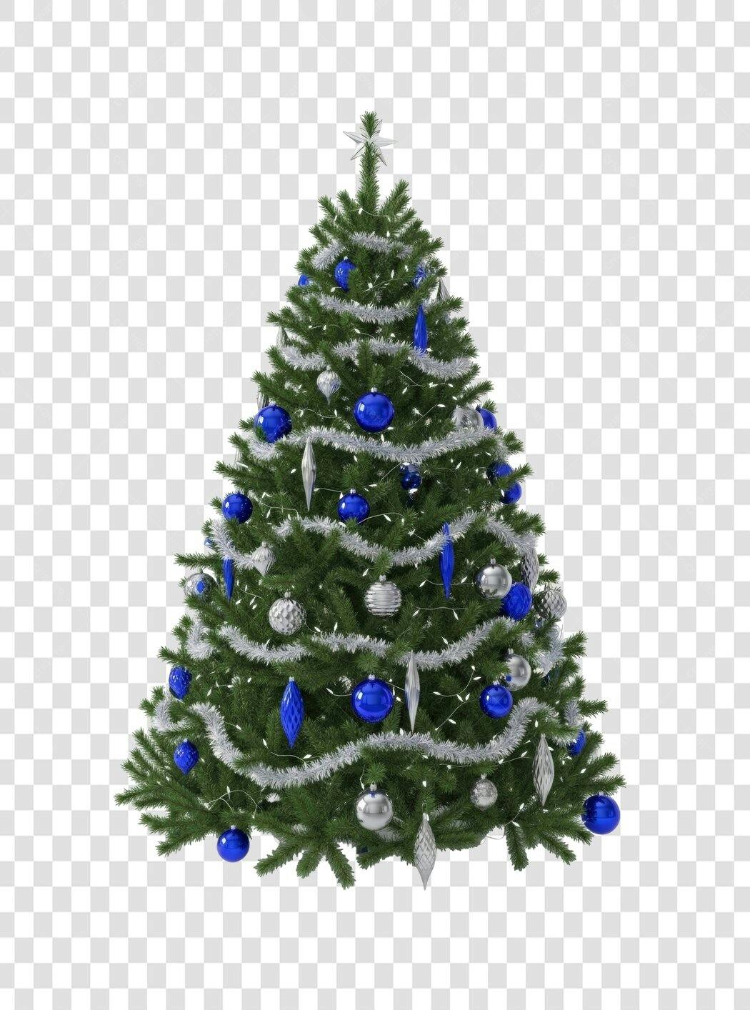 Árvore de Natal verde decorada azul prata estrela PNG com fundo transparente