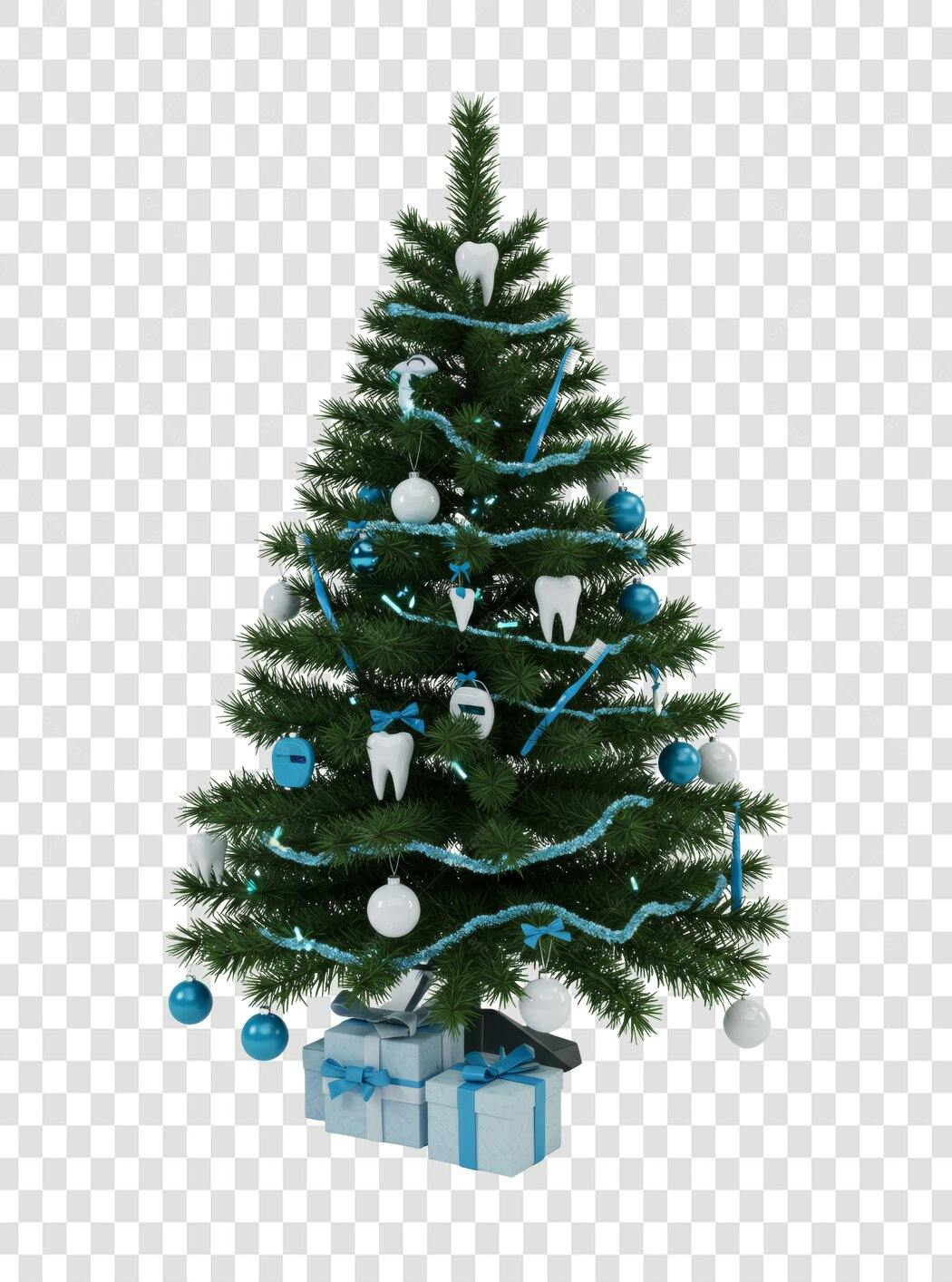 Árvore de Natal temática dentista azul e branca PNG com fundo transparente