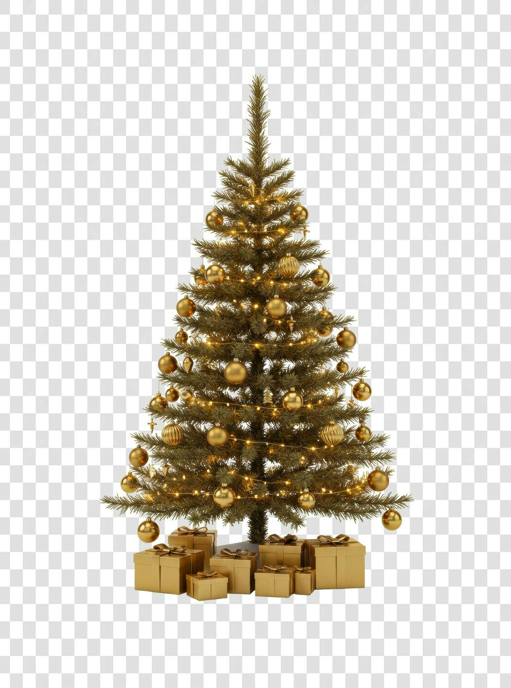 Elemento Gráfico Árvore de Natal Dourada 25 de Dezembro com Presentes PNG com fundo transparente