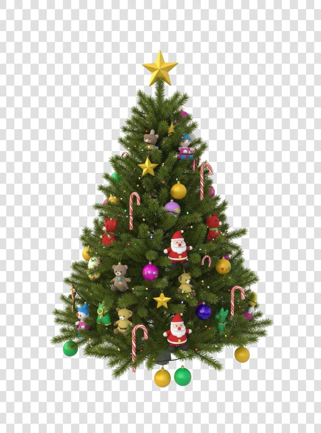Árvore de Natal Decorada Papai Noel Ursos e Estrela Dourada PNG com fundo transparente