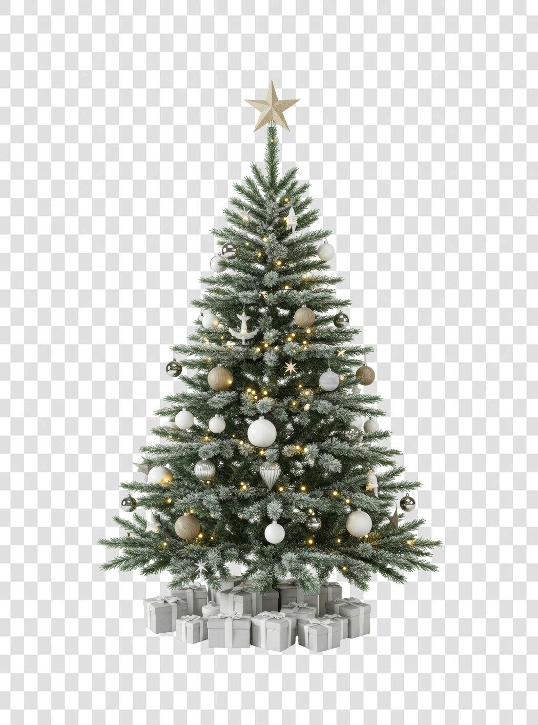 Árvore de Natal Elegante com Presentes e Neve Dourado Prata PNG com fundo transparente