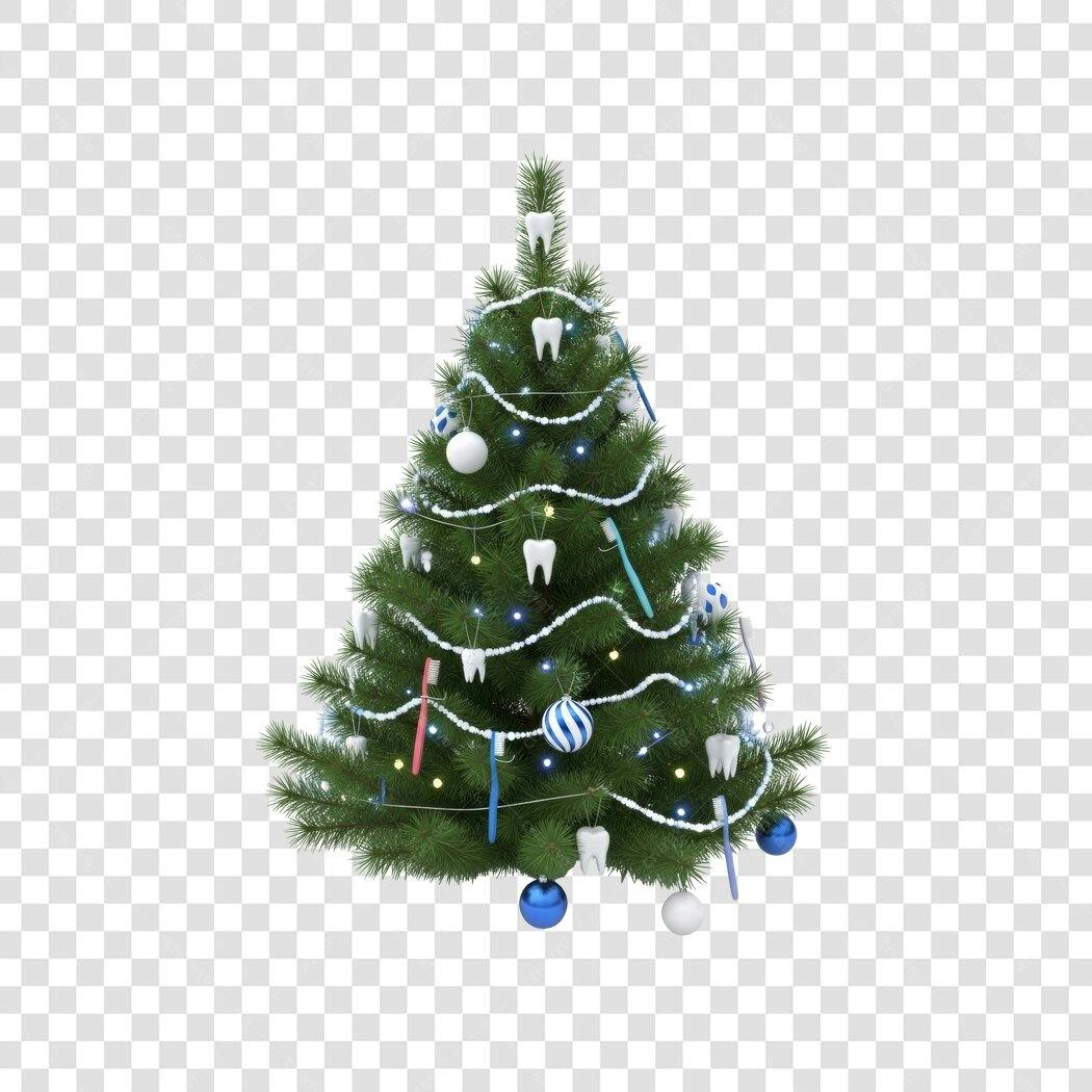 Ilustração 3D Árvore de Natal Odontológica Decorada com Dentes e Escovas PNG fundo transparente