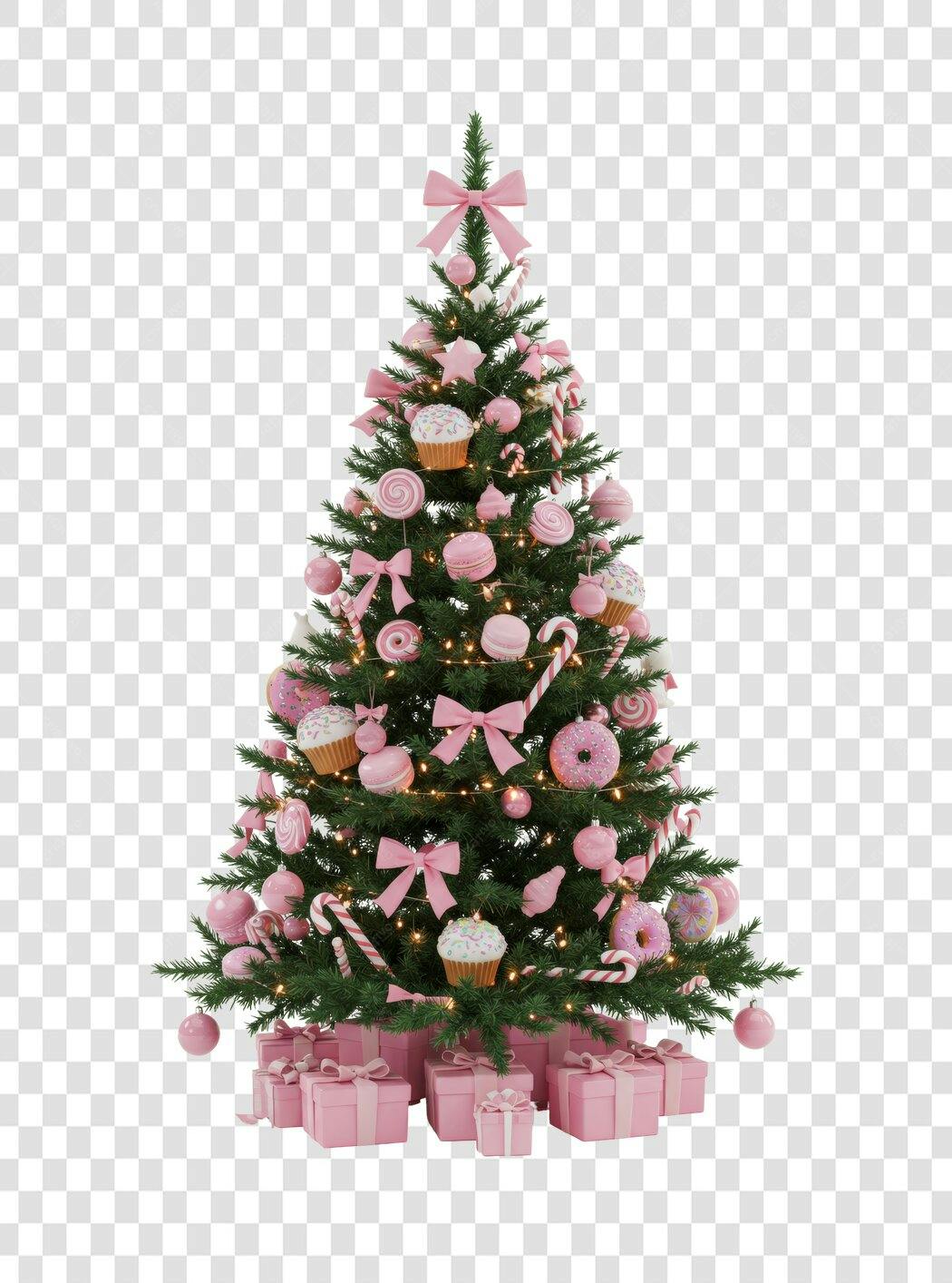 Árvore de Natal rosa doce com presentes e laços PNG com fundo transparente
