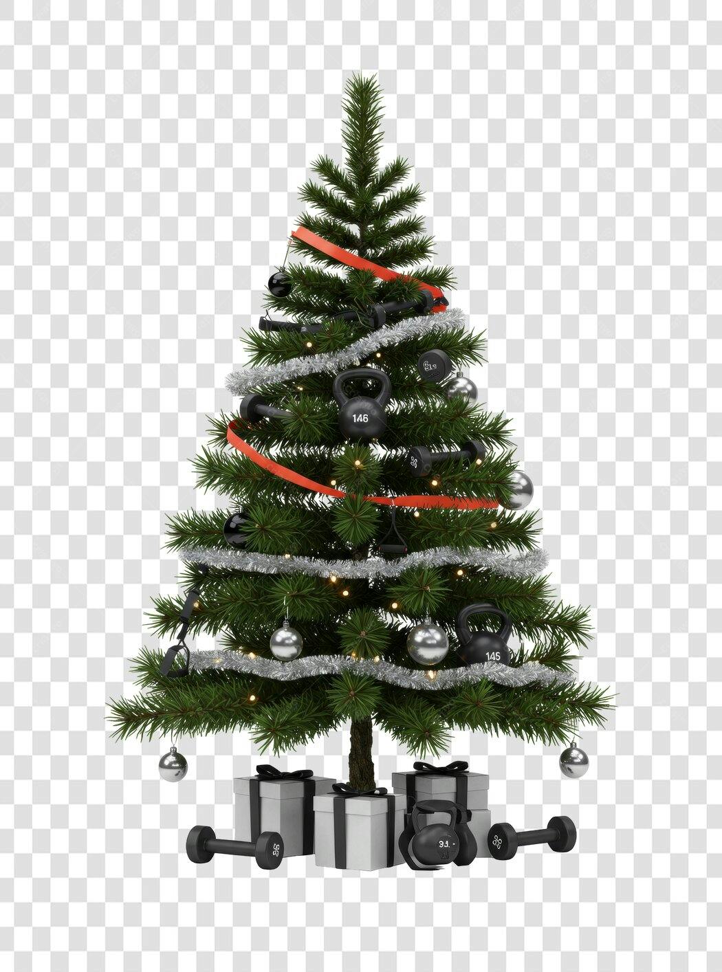 Árvore de Natal fitness decorada com pesos e presentes PNG com fundo transparente
