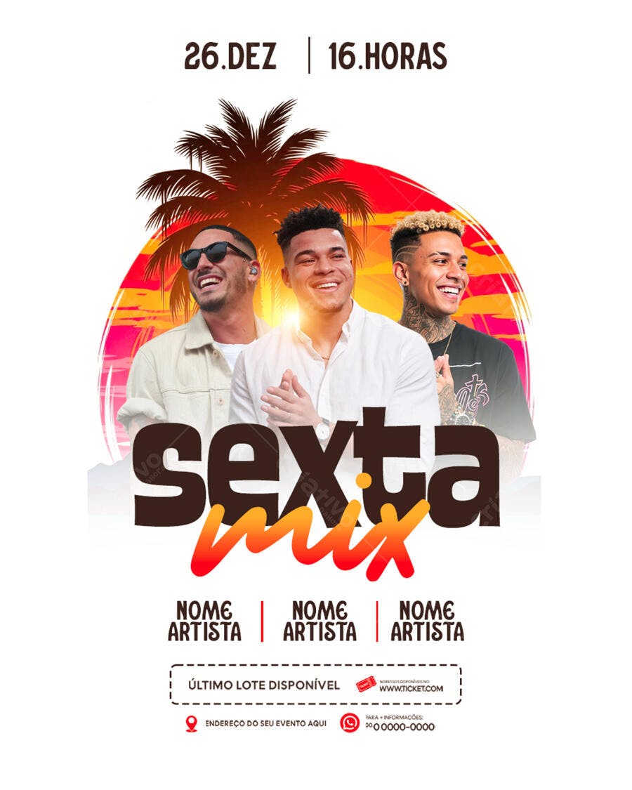 Flyer Tropical Pôr do Sol para Evento Musical Sexta Mix PSD Editável