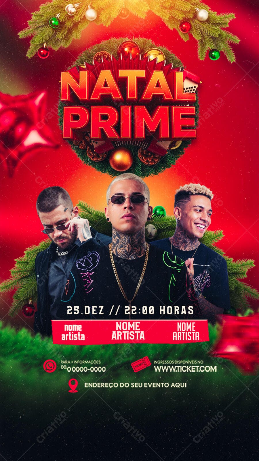 Flyer para Festa Natal Prime com 3 Artistas PSD Editável
