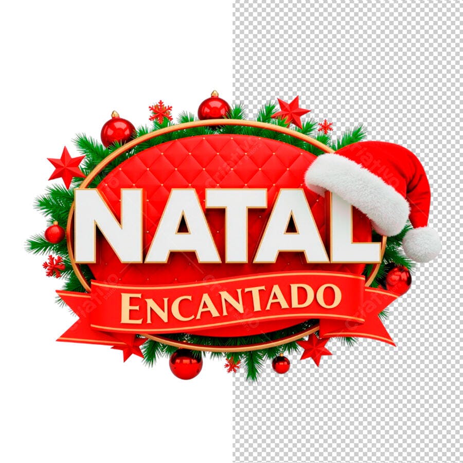 Selo 3D promocional de Natal encantado festivo vermelho com gorro de Papai Noel dourado