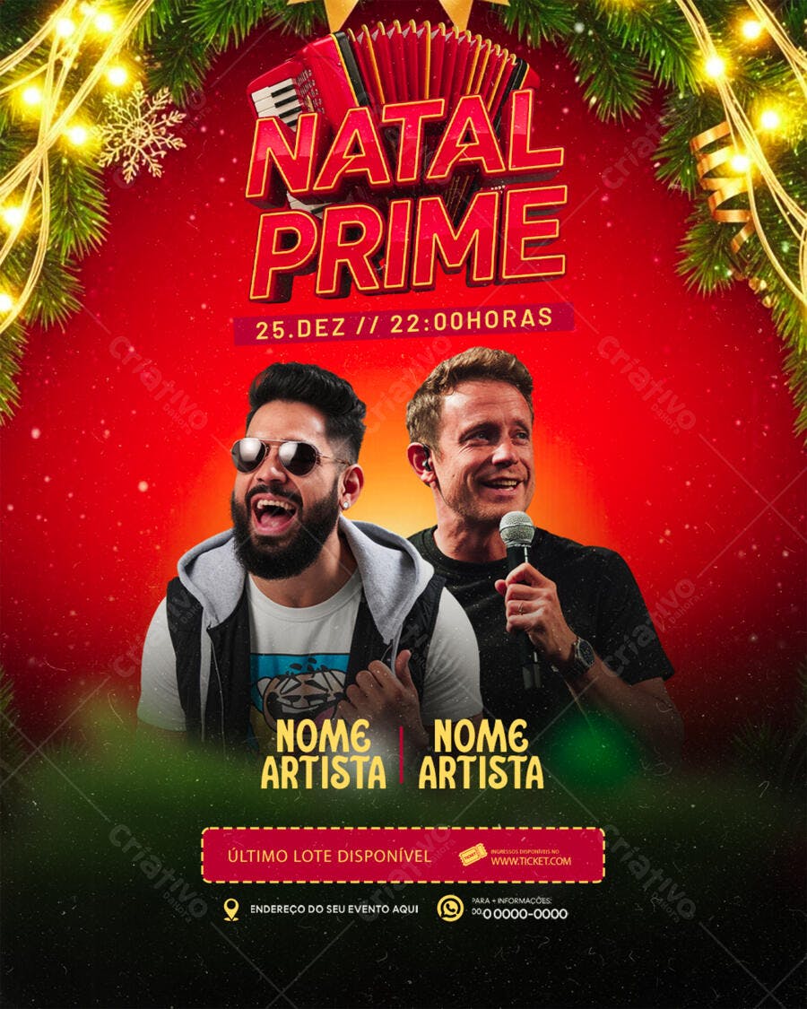 Flyer Festa Natal Prime com Artistas e Acordeon PSD Editável