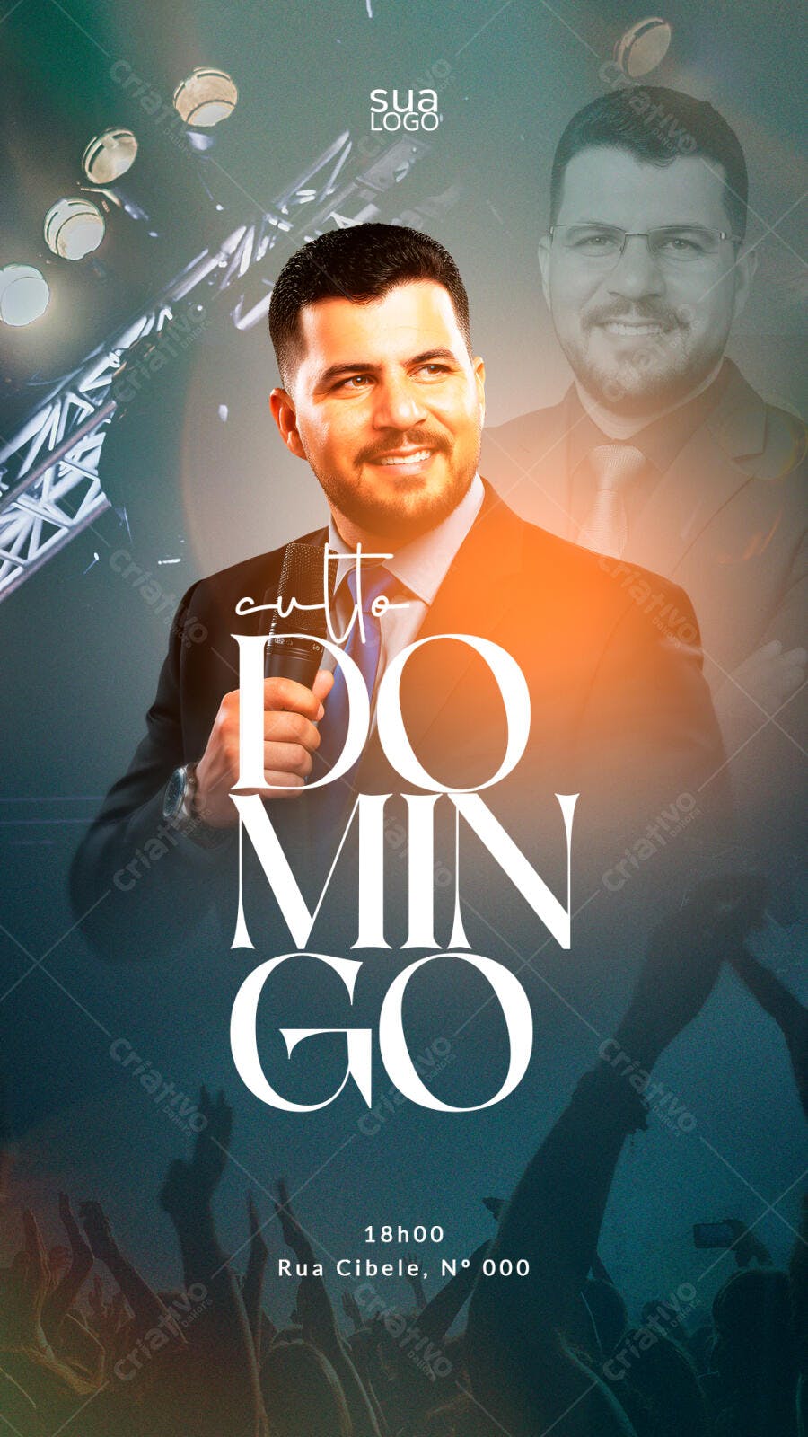 Flyer Culto de Domingo Pregador de Terno Microfone PSD Editável