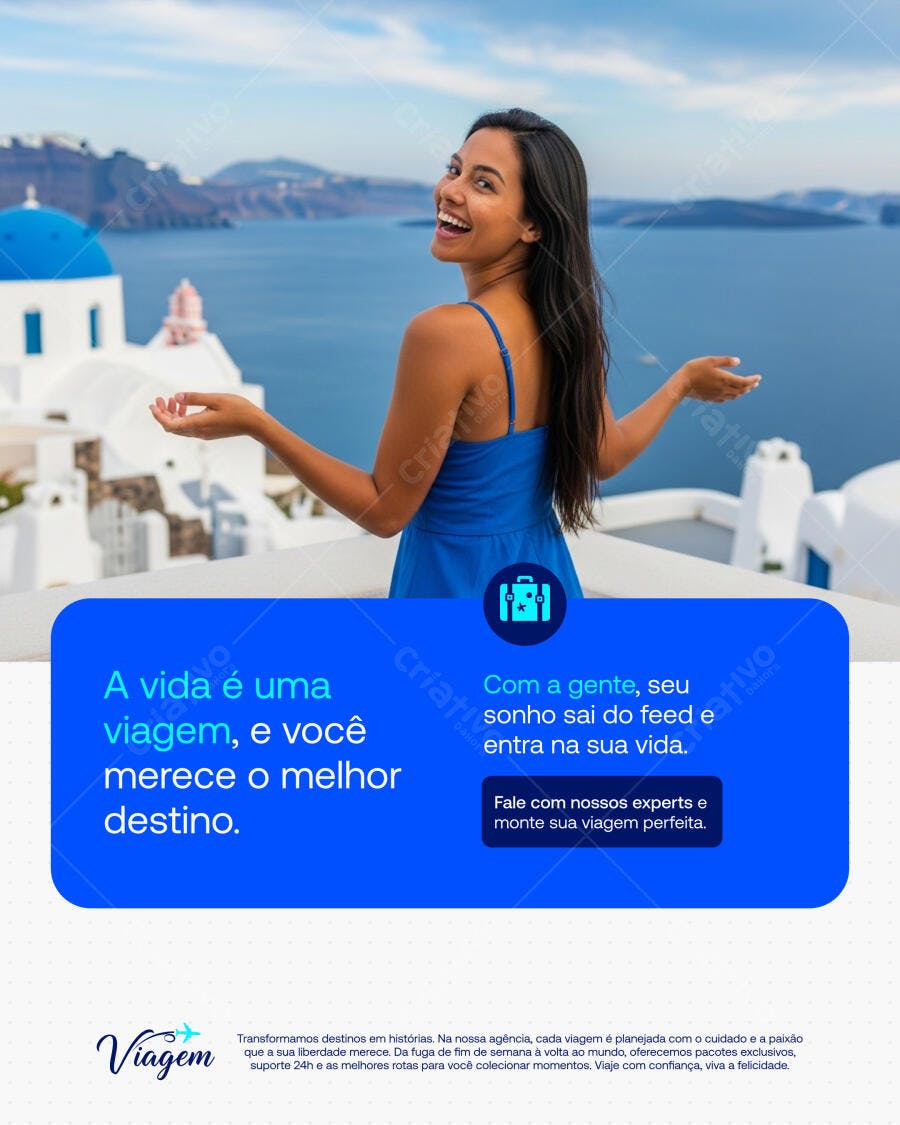 Flyer Agência de Viagens Santorini Mulher Sorrindo Azul PSD Editável