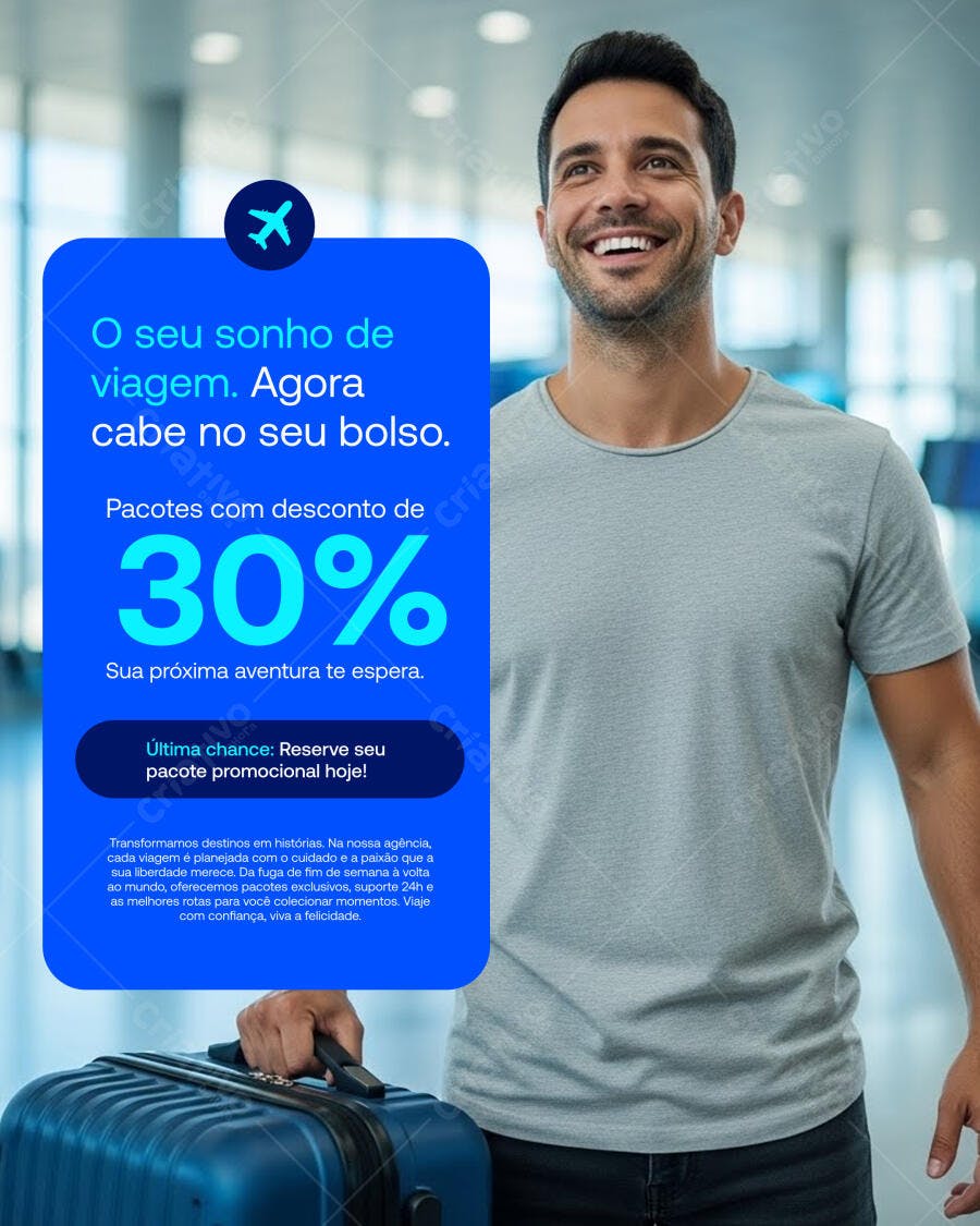 Flyer Digital para Promoção de Viagem 30% Off PSD Editável