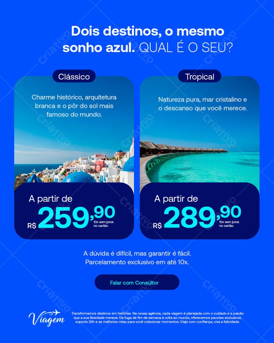 Flyer de Viagem Sonho Azul Clássico e Tropical PSD Editável