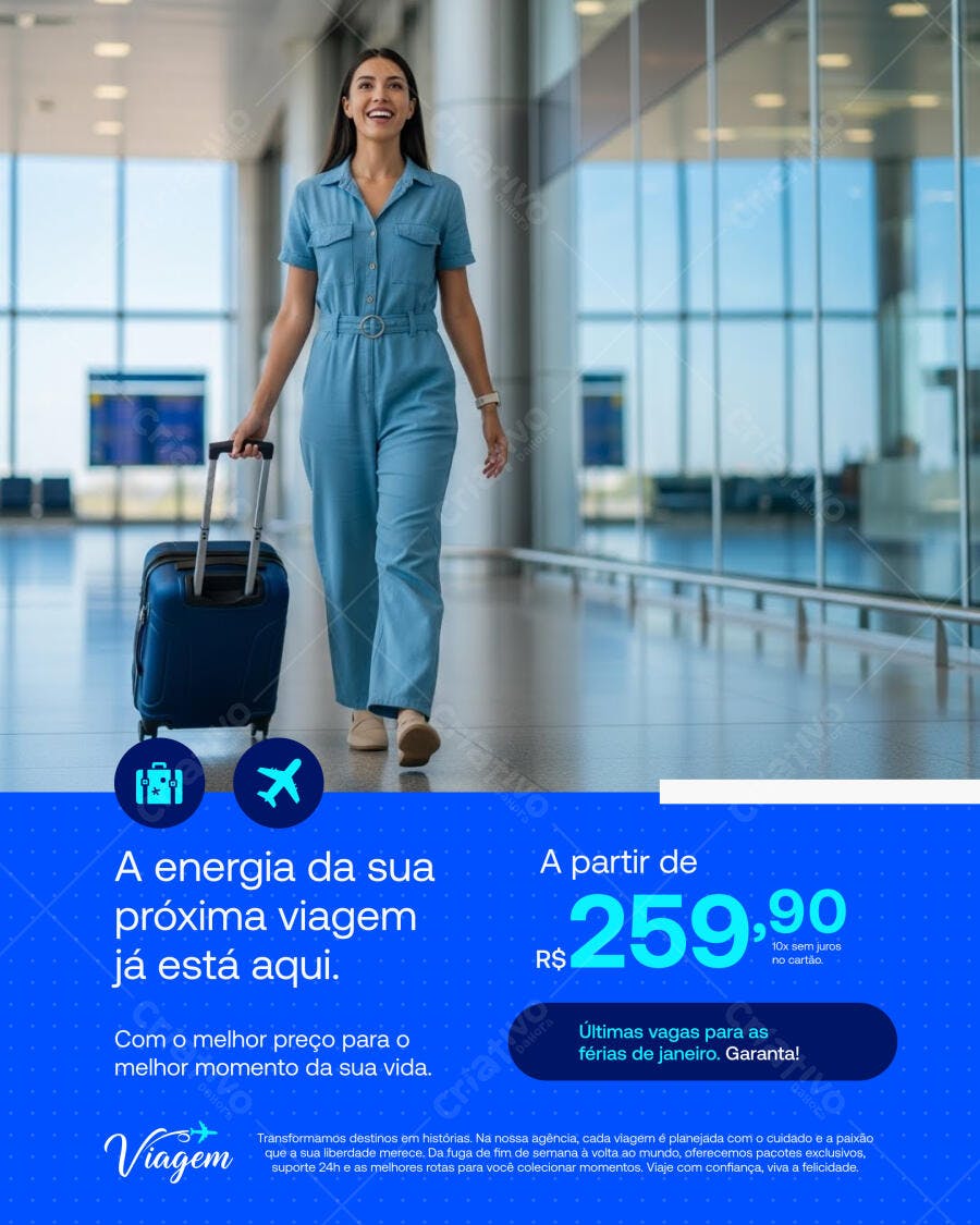 Flyer Viagem Férias de Janeiro Mulher Aeroporto PSD Editável