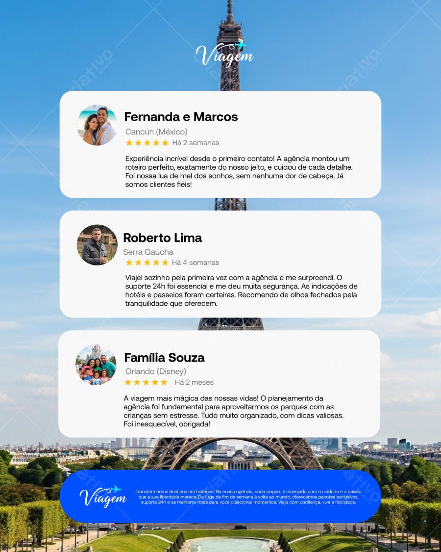 Post de Depoimentos de Clientes para Agência de Viagens PSD Editável