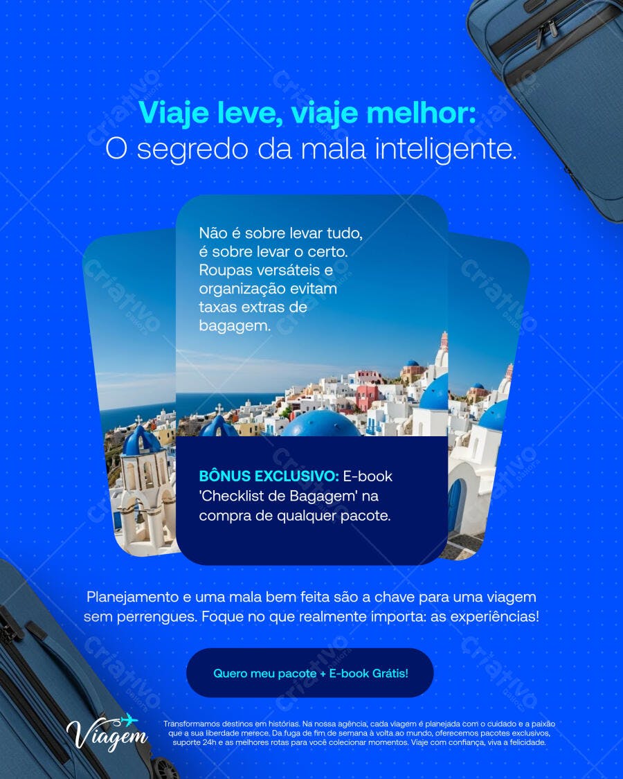 Flyer Viagem Inteligente com Paisagem de Santorini PSD Editável