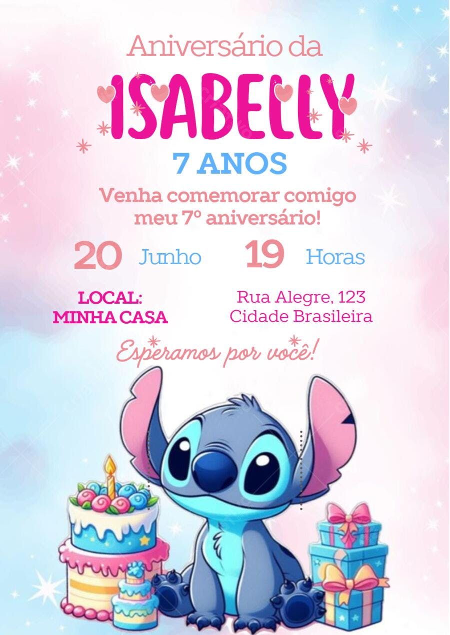Convite aniversário infantil Stitch fofo bolos e presentes Editável no Canva