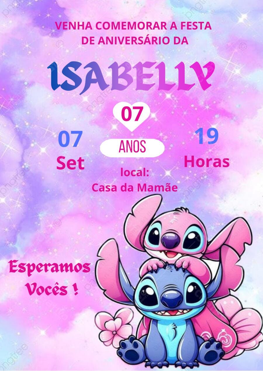 Convite aniversário infantil Lilo Stitch e Angel fundo galáxia rosa roxo com brilhos Editável no Canva