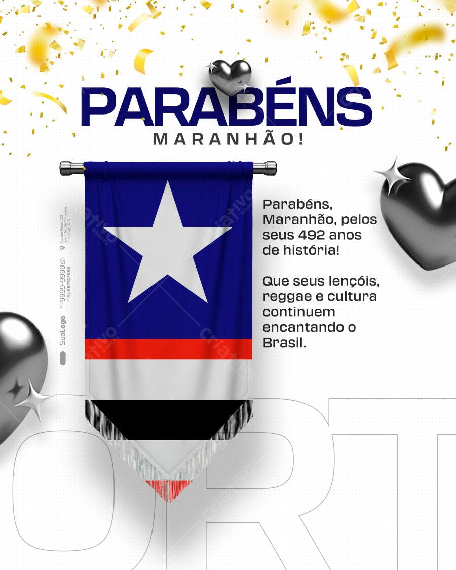 Flyer Parabéns Maranhão Bandeira Balões Confetes PSD Editável