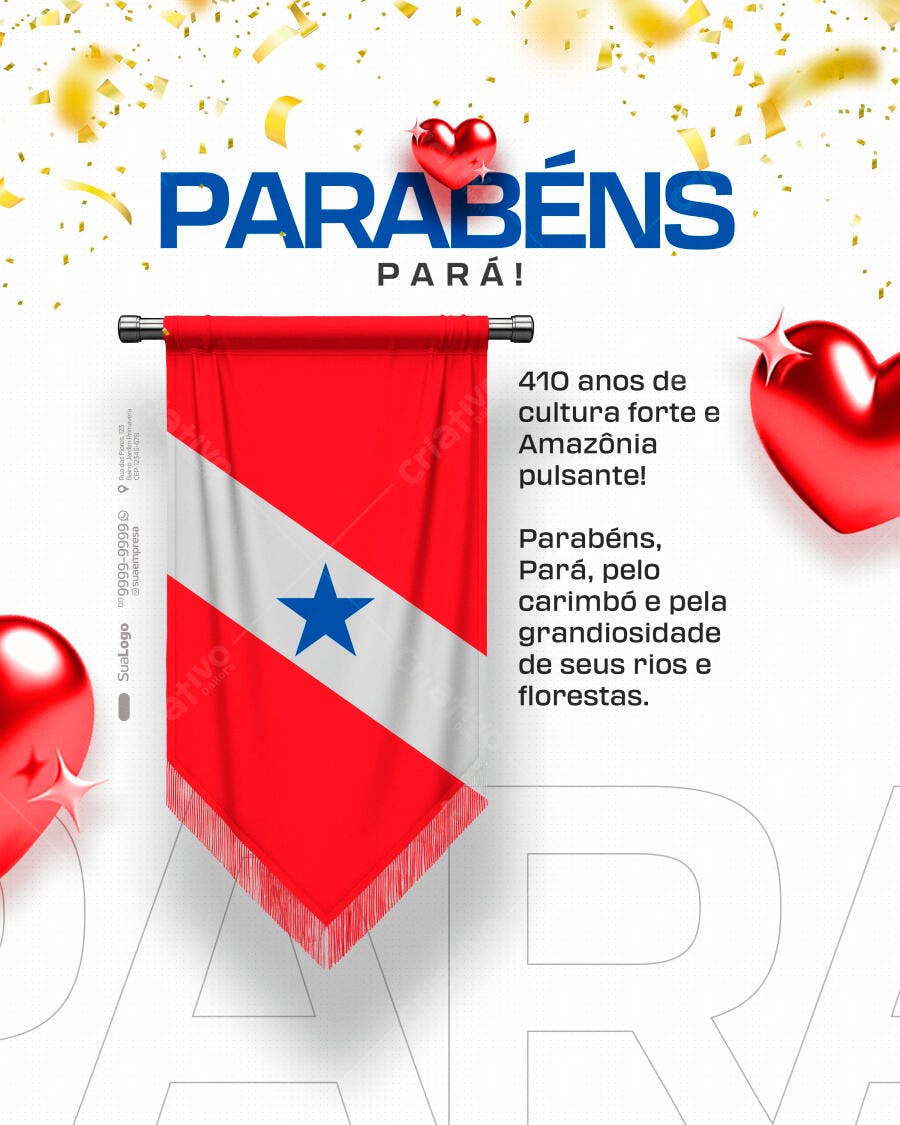 Post Redes Sociais Aniversário Pará Bandeira e Corações PSD Editável