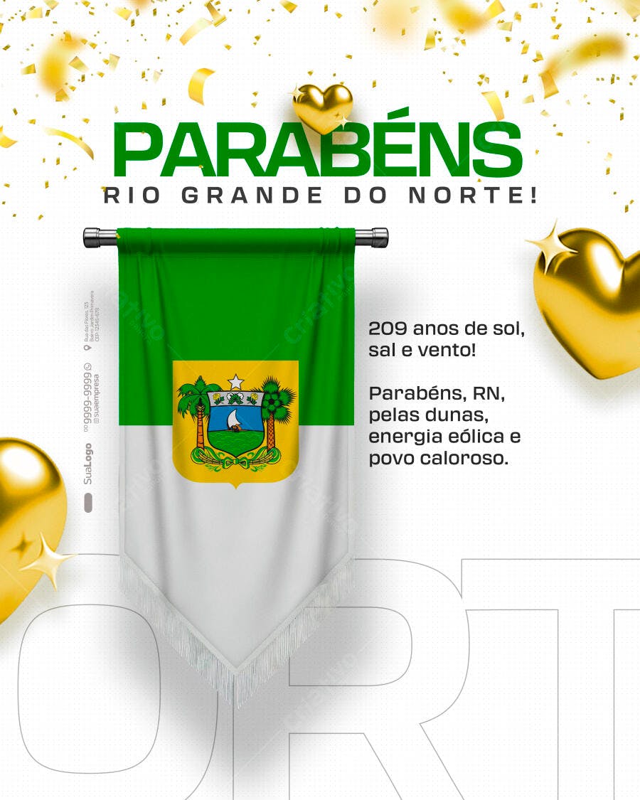 Flyer com Bandeira RN e Confetes Aniversário Rio Grande do Norte PSD Editável