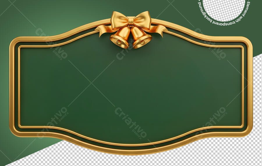 Quadro decorativo festivo de Natal dourado verde com sinos PNG com fundo transparente