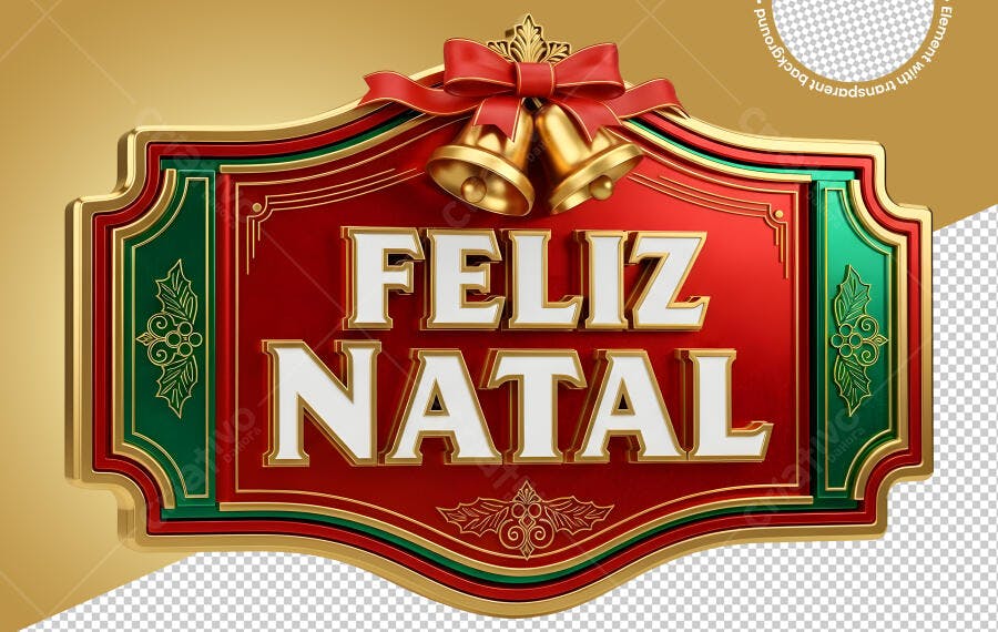 Selo Feliz Natal vermelho verde dourado com sinos PNG fundo transparente