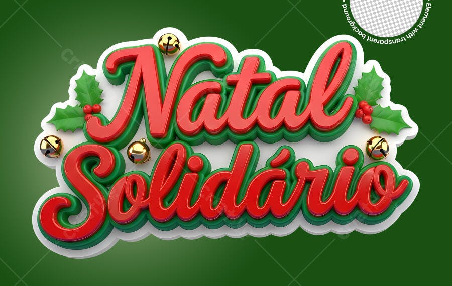 Letras 3D Natal Solidário vermelho e verde festivo PNG com fundo transparente