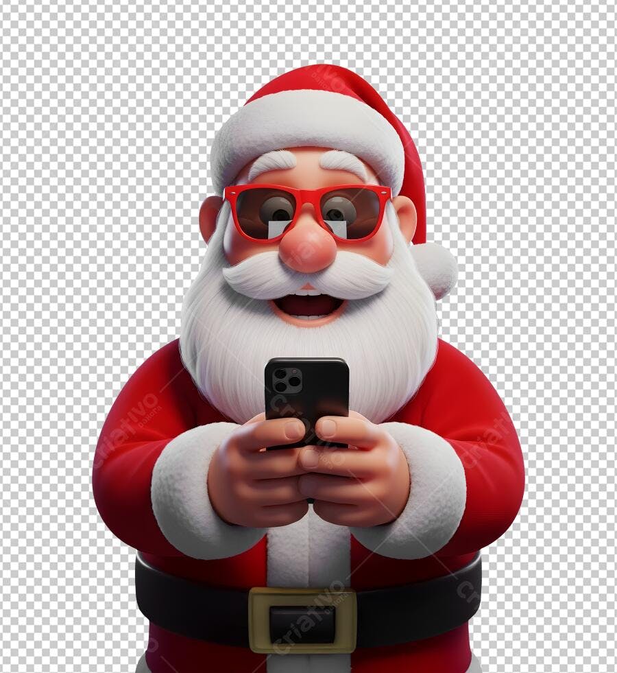 Ícone 3D Papai Noel de Óculos com Smartphone Natal PNG com fundo transparente