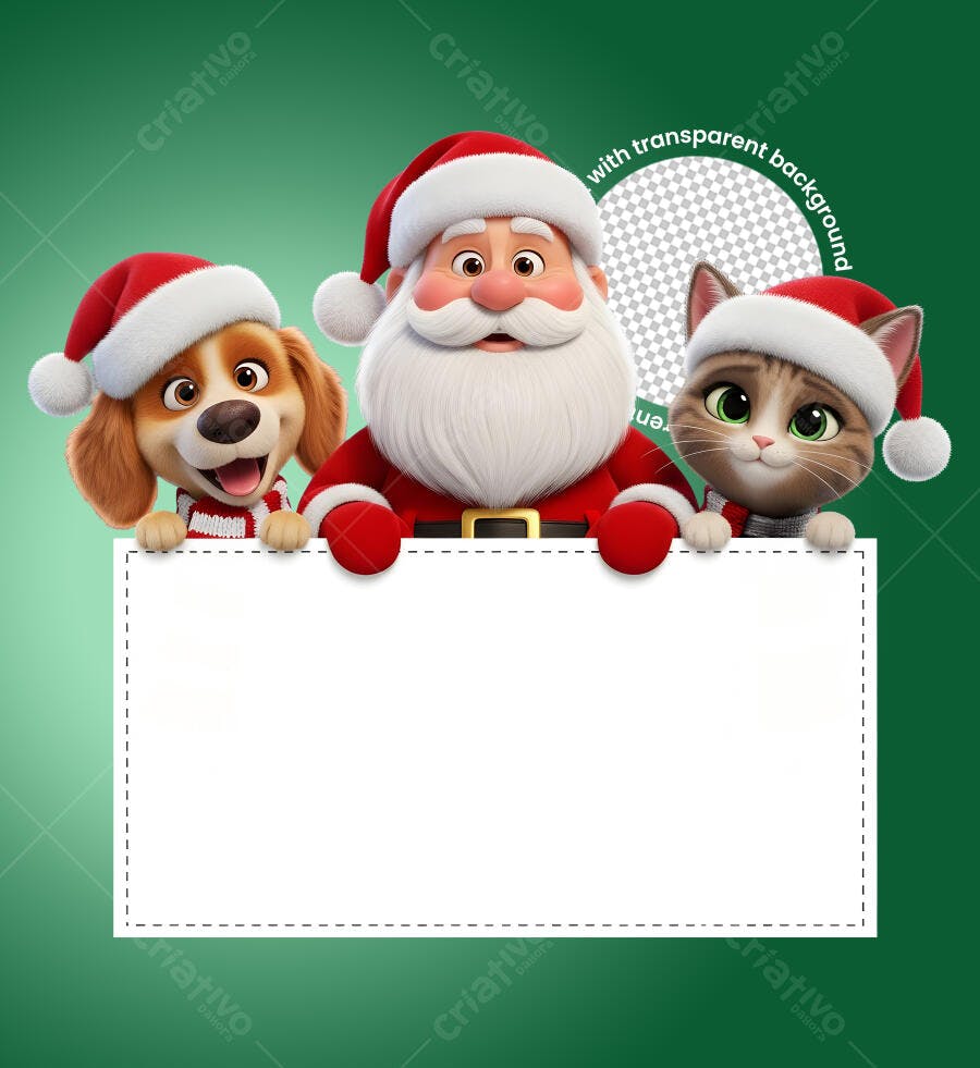 Elemento Gráfico Natal Papai Noel Cachorro Gato Fofo Placa Fundo Transparente PNG