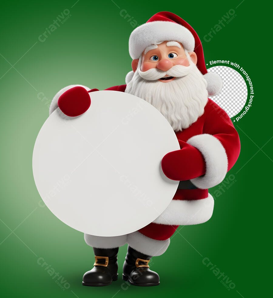 Ilustração 3D Papai Noel Natal segurando círculo branco para promoções PNG com fundo transparente