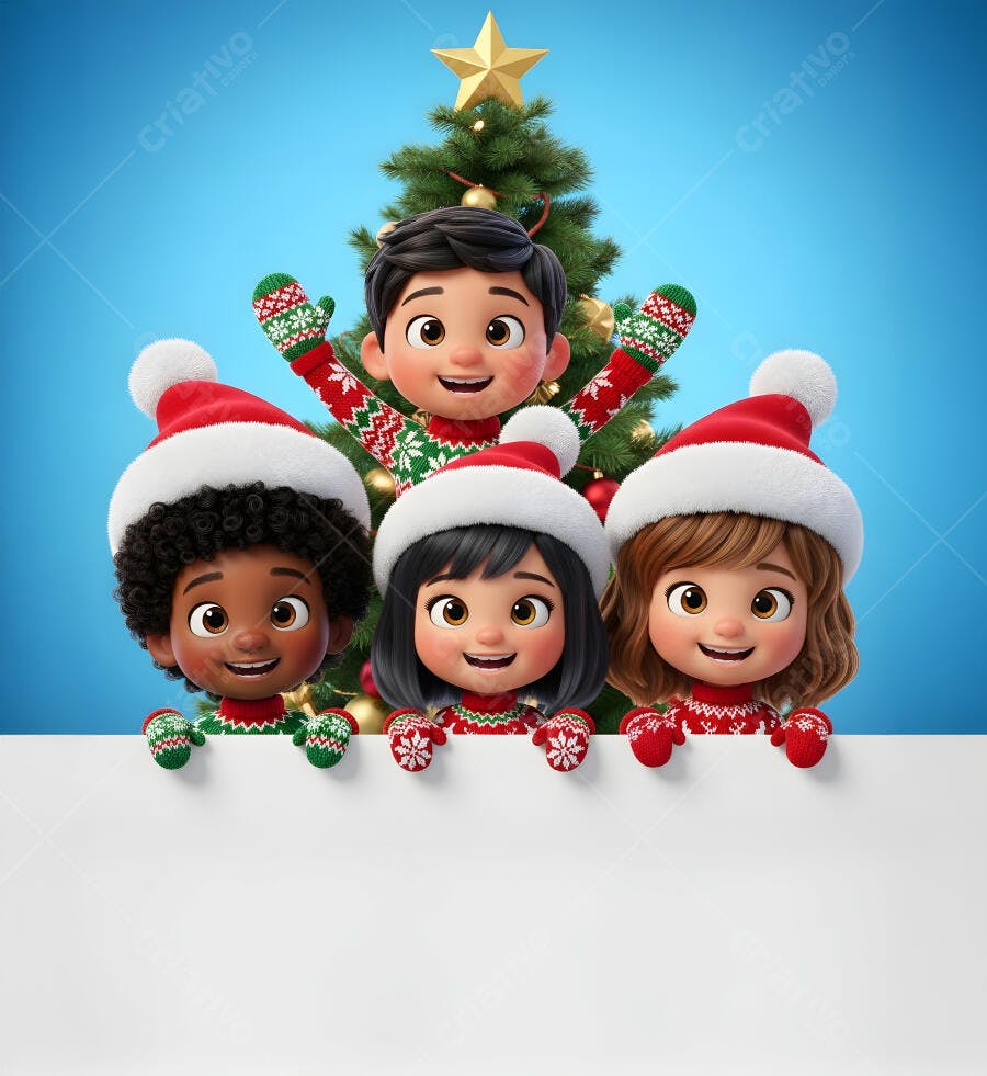 Crianças diversas felizes com gorros de Papai Noel e suéteres de Natal coloridos