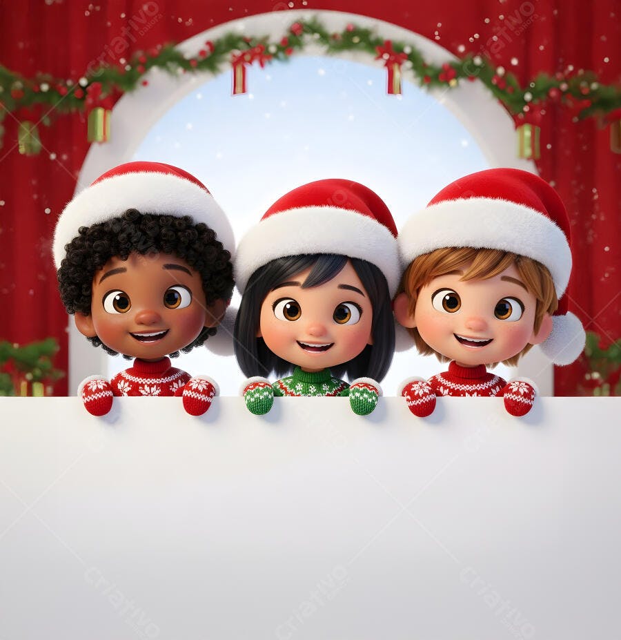 Três crianças diversas com gorros de Papai Noel segurando placa em festa de Natal