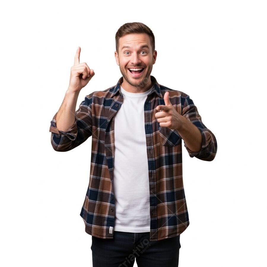 Homem caucasiano feliz apontando para cima e para frente com camisa xadrez