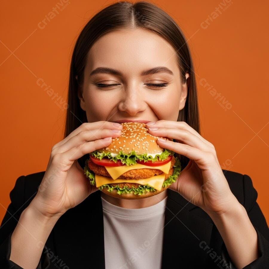 Mulher jovem feliz comendo hambúrguer de frango com queijo e alface em fundo laranja