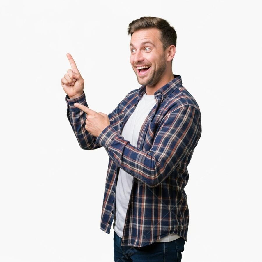 Homem alegre de camisa xadrez azul e marrom apontando para cima e para o lado